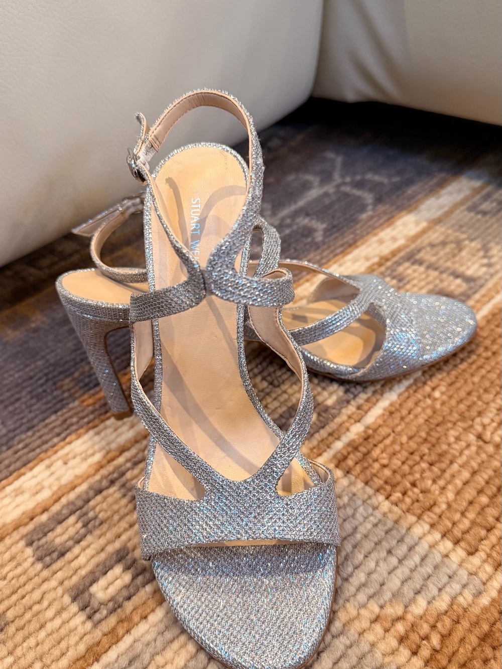 Stuart Weitzman Silver Glitter Crisscross High Heel Sandals